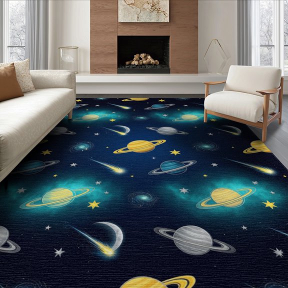 ODIKA 6'x9' Washable Area Rug Easy Care, Non-Shedding, Sky Galaxy Design With Planets Moons And Shooting Stars Space Night Refined for Queen Size Bedroom Under Bed Master Suite
