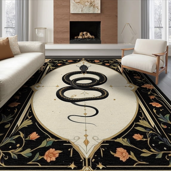 ODIKA 6'x9' Washable Area Rug Easy Care, Non-Shedding, Snake Gothic Moody Occult Nouveau Scrolls Coiled Serpent Border for Queen Size Bedroom Under Bed Master Suite