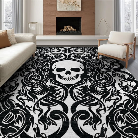 ODIKA 6'x9' Washable Area Rug Easy Care, Non-Shedding, Streetwear Gothic Dorm Guys Men Chrome Anime Skull Beast Graphic Playful for Queen Size Bedroom Under Bed Master Suite