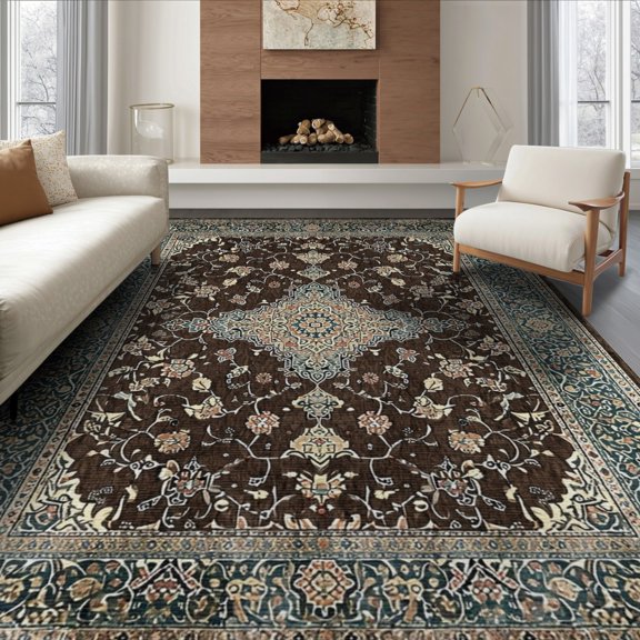 ODIKA 6'x9' Washable Area Rug Easy Care, Non-Shedding, Tan Grey Throw with Medallion Motif Distressed Ornamental Scrolls and Borders for Queen Size Bedroom Under Bed Master Suite
