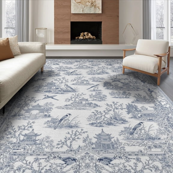 ODIKA 6'x9' Washable Area Rug Easy Care, Non-Shedding, Toile Pagoda Bird Motifs Porcelain Scrolling Vine Chinoiserie Flowing Dynamic for Queen Size Bedroom Under Bed Master Suite