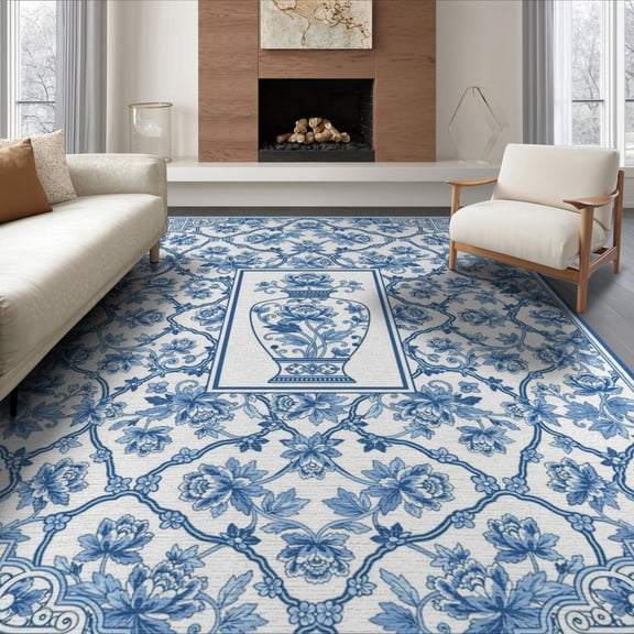 ODIKA 6'x9' Washable Area Rug Easy Care, Non-Shedding, Vintage Porcelain Style Floral Scrollwork Chinoiserie Design for Queen Size Bedroom Under Bed Master Suite