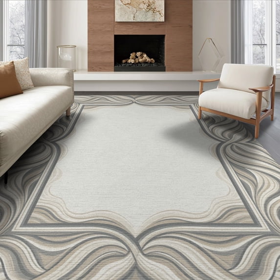 ODIKA 6'x9' Washable Area Rug Easy Care, Non-Shedding, Wave With Modern Geometric Border And Marble Swirl Abstract Minimalist Refined for Queen Size Bedroom Under Bed Master Suite