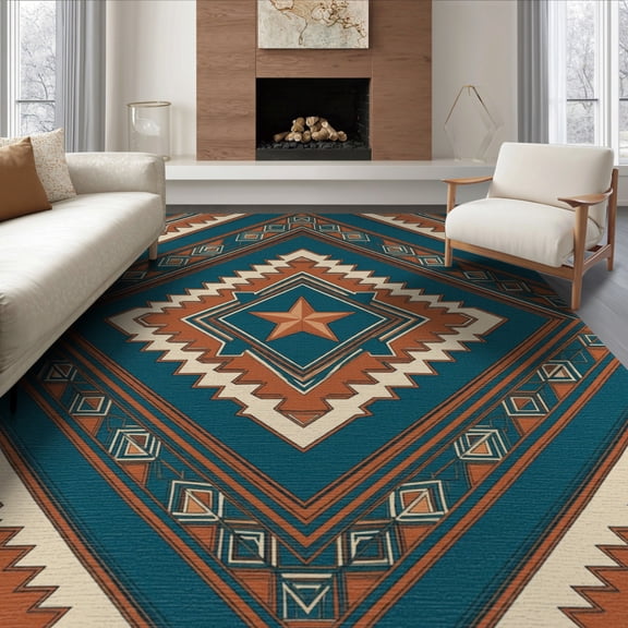 ODIKA 6'x9' Washable Area Rug Farmhouse Boho Southwestern Round Runway Themed Hooks Cowboy Refined Structured for Dining Room, Under Table, Office Décor, Non-Slip Chair-Friendly