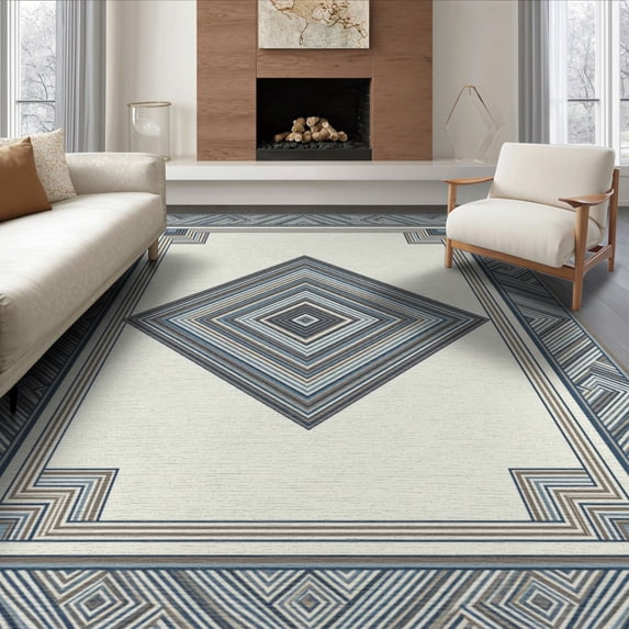 ODIKA 6'x9' Washable Area Rug Farmhouse Symmetrical Motifs Faded Framing Neutral Geometric for Family Room, Living Room, Master Bedroom, Non-Slip, Easy Care