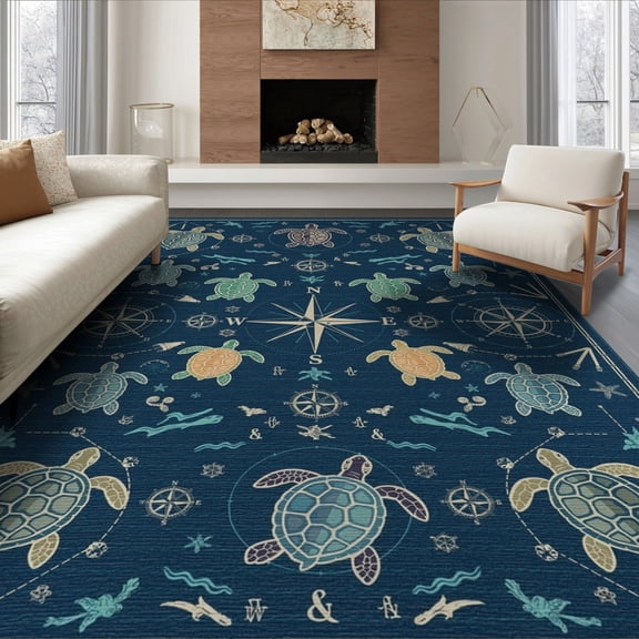 ODIKA 6'x9' Washable Area Rug Felt Turtle Nautical Map Wave Icons Underwater Coral Reef Ocean Flowing Dynamic for Queen Size Bedroom, Under Bed, Master Suite, Easy Care, Non-Shedding
