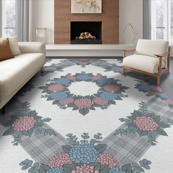 ODIKA 6'x9' Washable Area Rug Floral Garden With Eucalyptus Wreath And Plaid Border Hydrangea Vintage Refined for Family Room, Living Room, Master Bedroom, Non-Slip, Easy Care