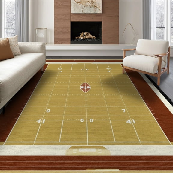 ODIKA 6'x9' Washable Area Rug Football Field Yardline Numerals Sports With Athletic Stripes for Queen Size Bedroom, Under Bed, Master Suite, Easy Care, Non-Shedding