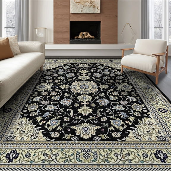 ODIKA 6'x9' Washable Area Rug Foyer Boho Traditional Allover Vintage Vine Border Entryway Beige for Family Room, Living Room, Master Bedroom, Non-Slip, Easy Care