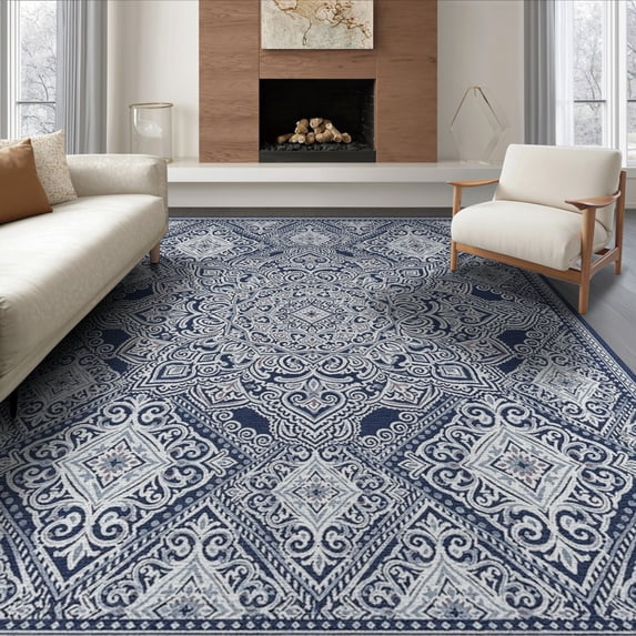 ODIKA 6'x9' Washable Area Rug Front Transitional Border Ornamental Featuring Interlocking Door for Family Room, Living Room, Master Bedroom, Non-Slip, Easy Care