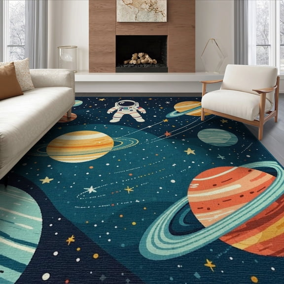 ODIKA 6'x9' Washable Area Rug Galaxy Astronaut Rockets Planets Orbiting Stars Cosmic Nebula for Dining Room, Under Table, Office Décor, Non-Slip Chair-Friendly
