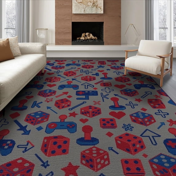 ODIKA 6'x9' Washable Area Rug Gamer Video Dice Symbols Diagonal Repeat Throw Alfombra Arcade for Family Room, Living Mater Bedroom, Non-Slip, Easy Care