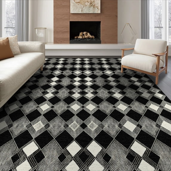 ODIKA 6'x9' Washable Area Rug Geometric Grid Farmhouse Style Balanced Lattice Diamond Design for Queen Size Bedroom, Under Bed, Master Suite, Easy Care, Non-Shedding