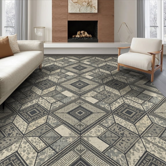ODIKA 6'x9' Washable Area Rug Geometric Interlocking Weathered Faded Neutral Palette Repeating for Family Room, Living Room, Master Bedroom, Non-Slip, Easy Care