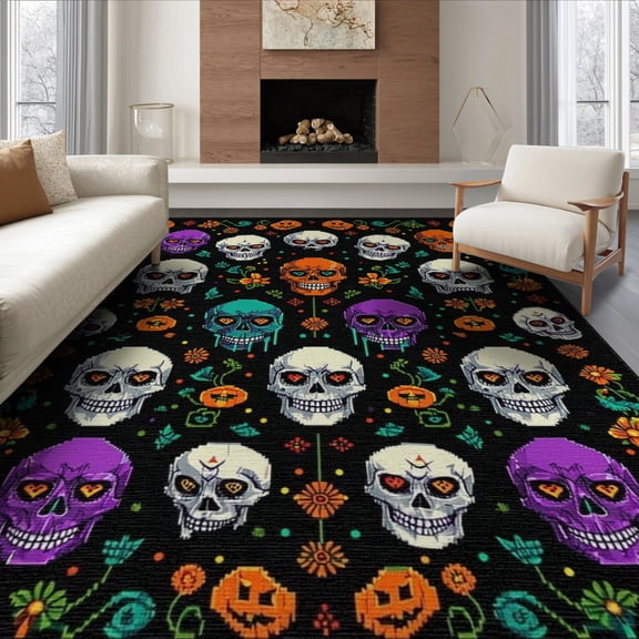 ODIKA 6'x9' Washable Area Rug Goth Skull Halloween Spooky Interlocking Pastel Cartoon Whimsical for Dining Room, Under Table, Office Décor, Non-Slip Chair-Friendly