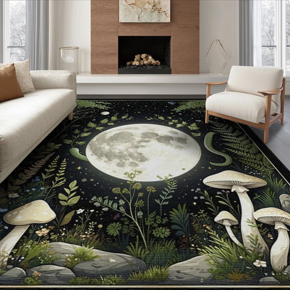 ODIKA 6'x9' Washable Area Rug Gothic Boho Snake Mushroom Botanical Divination Runway Round for Dining Room, Under Table, Office Décor, Non-Slip Chair-Friendly