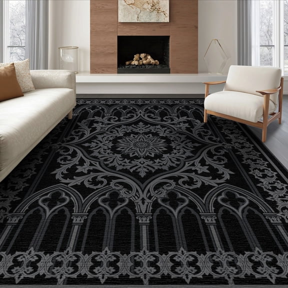 ODIKA 6'x9' Washable Area Rug Gothic Goth Vintage Damask Vines Ornate Border Traction Boho Flowing Dynamic for Queen Size Bedroom, Under Bed, Master Suite, Easy Care, Non-Shedding