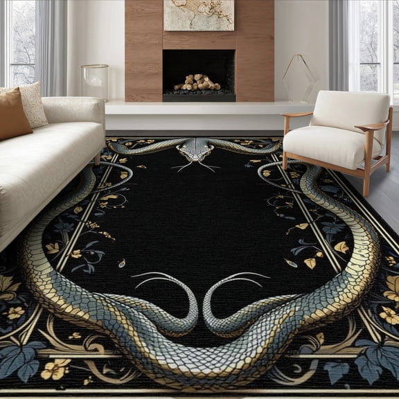 ODIKA 6'x9' Washable Area Rug Gothic Snake Serpent Coiled Ornate Scroll Border Goth Githic for Family Room, Living Room, Master Bedroom, Non-Slip, Easy Care