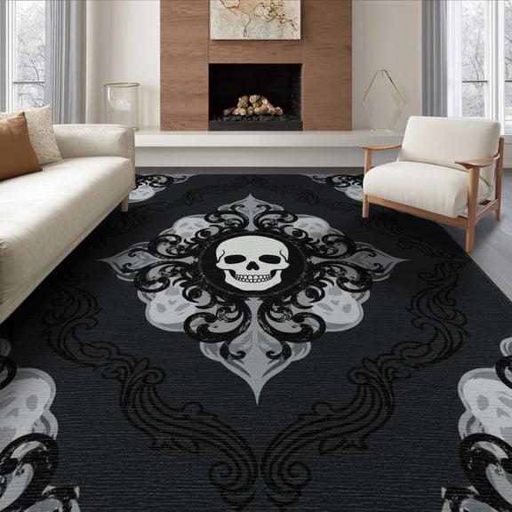 ODIKA 6'x9' Washable Area Rug Gothic Spooky Ghost Skull Decorative Vintage Frame Motif Horror for Queen Size Bedroom, Under Bed, Master Suite, Easy Care, Non-Shedding