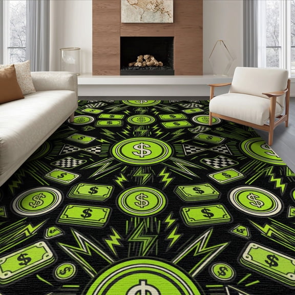 ODIKA 6'x9' Washable Area Rug Graphic Streetwear Emblem With Cool Sticker Collage Funny Money Refined for Queen Size Bedroom, Under Bed, Master Suite, Easy Care, Non-Shedding