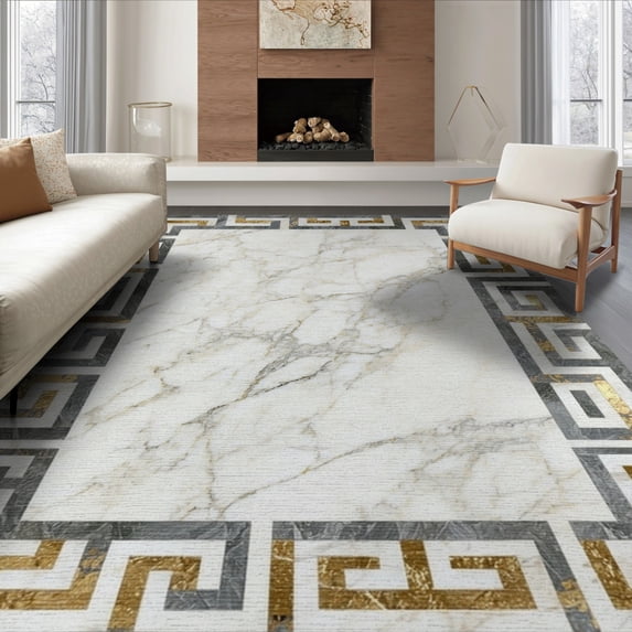ODIKA 6'x9' Washable Area Rug Greek Border Key Symmetrical Round Glam Sparkle Shimmer Sunburst for Dining Room, Under Table, Office Décor, Non-Slip Chair-Friendly