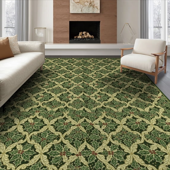 ODIKA 6'x9' Washable Area Rug Green Leaves Interlocking With Festive Holly Scroll Trim Christmas Flowing for Queen Size Bedroom, Under Bed, Master Suite, Easy Care, Non-Shedding