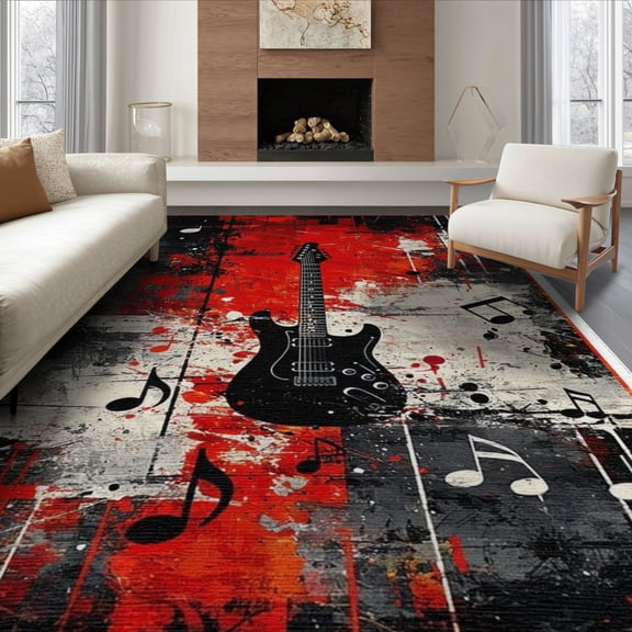 ODIKA 6'x9' Washable Area Rug Guitar Music Notes Rock Grunge Border Hip Vintage Distressed for Dining Room, Under Table, Office Décor, Non-Slip Chair-Friendly