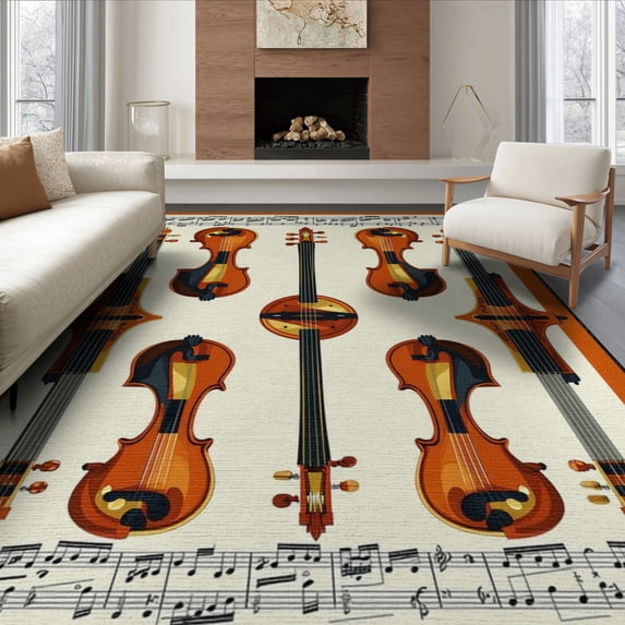 ODIKA 6'x9' Washable Area Rug Guitar Music Print Notes Symmetrical Retro Composition Vintage for Family Room, Living Room, Master Bedroom, Non-Slip, Easy Care