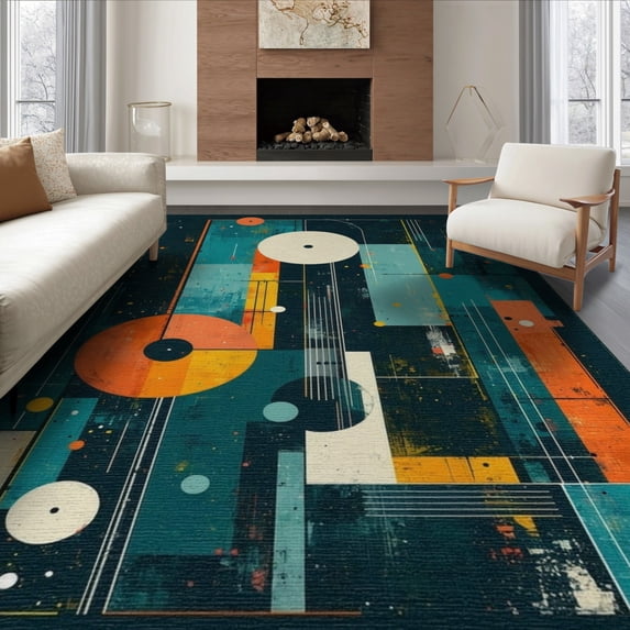 ODIKA 6'x9' Washable Area Rug Guitar Music Rock Vinyl Record Motif Note Themed Rocks Imsical for Family Room, Living Room, Master Bedroom, Non-Slip, Easy Care