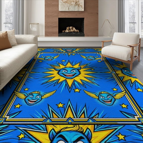 ODIKA 6'x9' Washable Area Rug Guys Outlined Smiling Characters Scattered Cave Mens Men for Dining Room, Under Table, Office Décor, Non-Slip Chair-Friendly