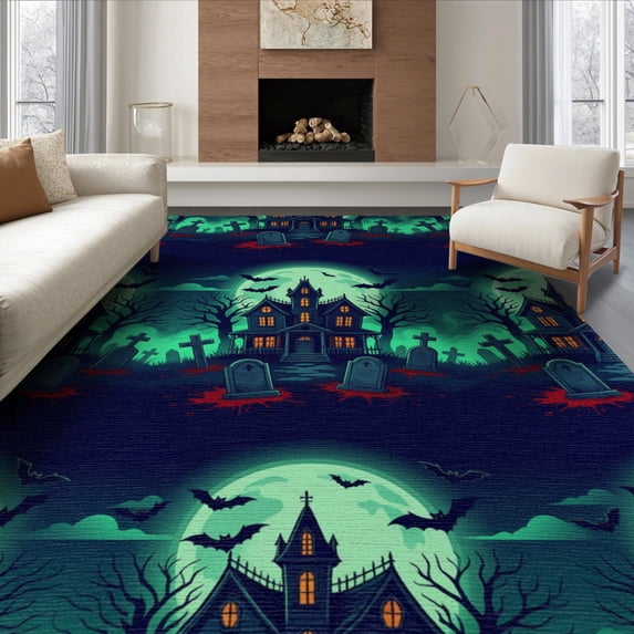 ODIKA 6'x9' Washable Area Rug Halloween Eerie Gothic Cemetery Tilted Tombstones Flying Bats for Family Room, Living Room, Master Bedroom, Non-Slip, Easy Care