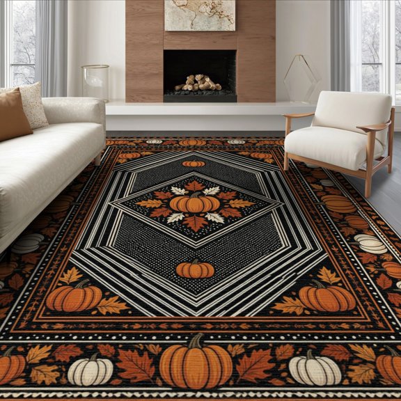 ODIKA 6'x9' Washable Area Rug Halloween Interlocking Shape Border Seasonal Motif Fallc Door for Family Room, Living Mater Bedroom, Non-Slip, Easy Care