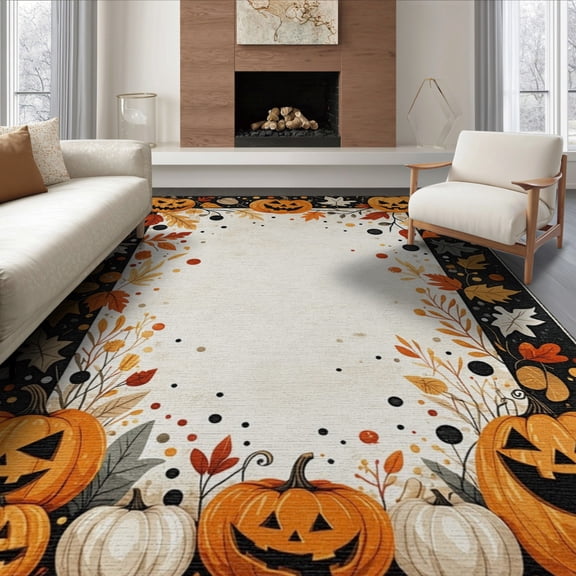 ODIKA 6'x9' Washable Area Rug Halloween Striped Spotted Pumpkin Boho Fall Door Doormat for Queen Size Bedroom, Under Bed, Master Suite, Easy Care, Non-Shedding