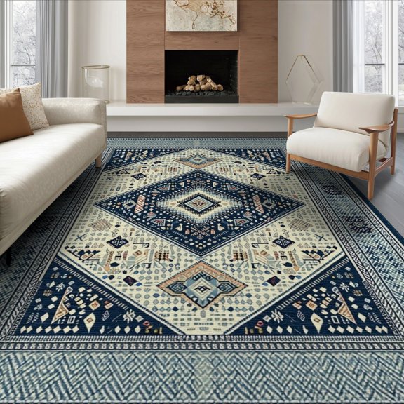 ODIKA 6'x9' Washable Area Rug Herringbone Geometric Vintage Border Interlocking Zigzag Diamond for Family Room, Living Room, Master Bedroom, Non-Slip, Easy Care