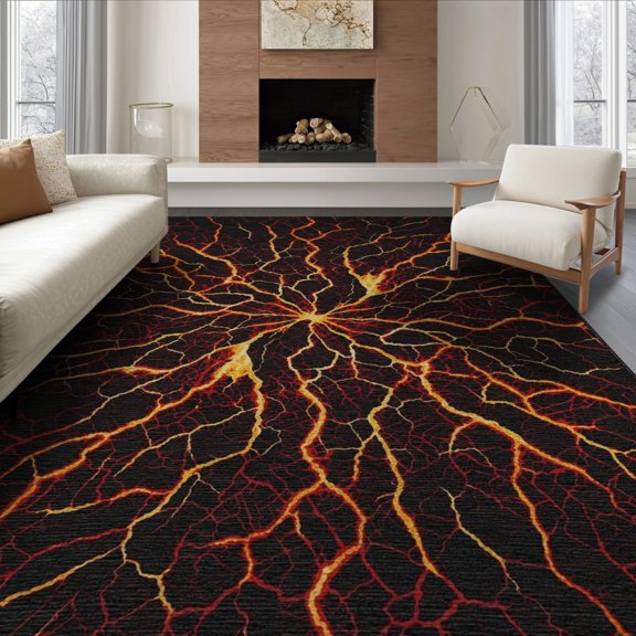 ODIKA 6'x9' Washable Area Rug Illusion Glowing Molten Hallway Border Volcanic Rock Optical Flowing Dynamic for Queen Size Bedroom, Under Bed, Master Suite, Easy Care, Non-Shedding