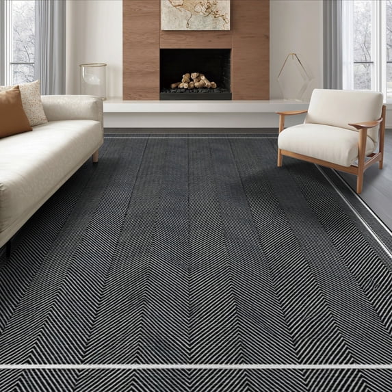 ODIKA 6'x9' Washable Area Rug Interlocking Minimalist Frame Striped Border Herringbone Farmhouse Refined for Family Room, Living Room, Master Bedroom, Non-Slip, Easy Care