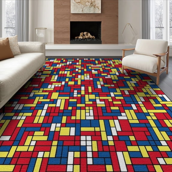 ODIKA 6'x9' Washable Area Rug Interlocking Minimalist Mosaic Red Yellow Blue Modern Art Inspired for Family Room, Living Mater Bedroom, Non-Slip, Easy Care