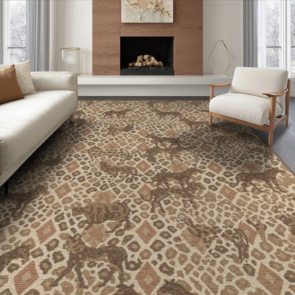 ODIKA 6'x9' Washable Area Rug Ivory Cow Fabric Table Placemat Mocha Boho Mosaic Animal Design with Terracotta Accents for Dining Room, Under Office Décor, Non-Slip Chair-Friendly