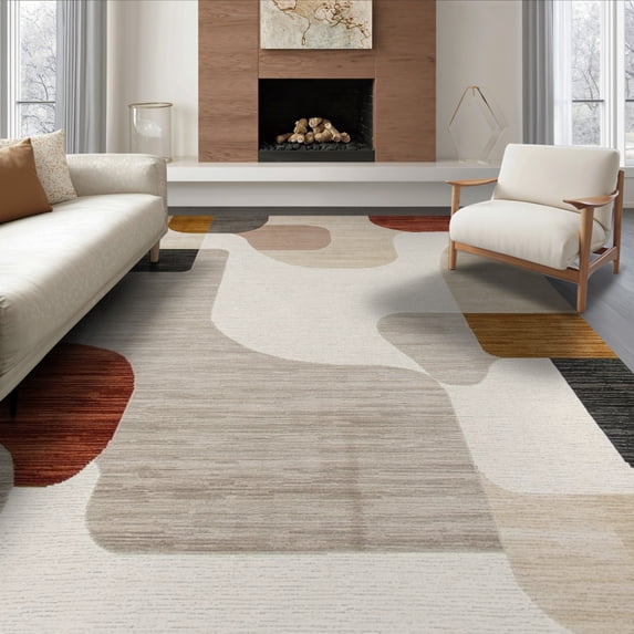 ODIKA 6'x9' Washable Area Rug Large Abstract Beige Minimalist Neutral Shape Brushstroke Shapes for Queen Size Bedroom, Under Bed, Master Suite, Easy Care, Non-Shedding