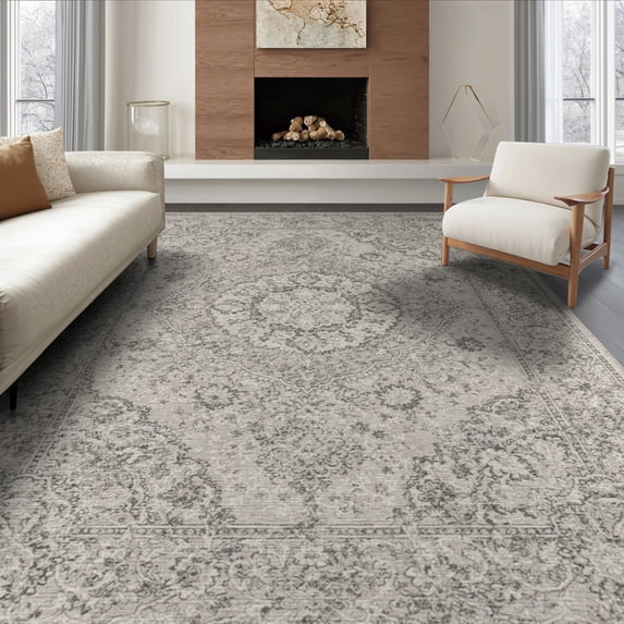 ODIKA 6'x9' Washable Area Rug Large Farmhouse Beige Featuring Faded Border Dining Table Are for Family Room, Living Mater Bedroom, Non-Slip, Easy Care