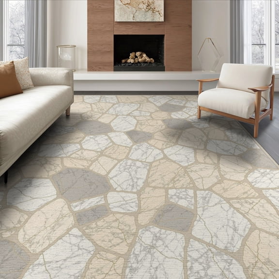 ODIKA 6'x9' Washable Area Rug Large Neutral Beige Motif Contemporary Puzzle Cream Tan Grey for Queen Size Bedroom, Under Bed, Master Suite, Easy Care, Non-Shedding