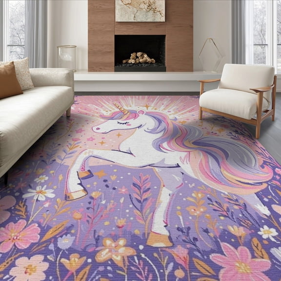 ODIKA 6'x9' Washable Area Rug Large Whimsical Pink Unicorn Motif Burst Ombre Gradient Watercolor for Family Room, Living Room, Master Bedroom, Non-Slip, Easy Care