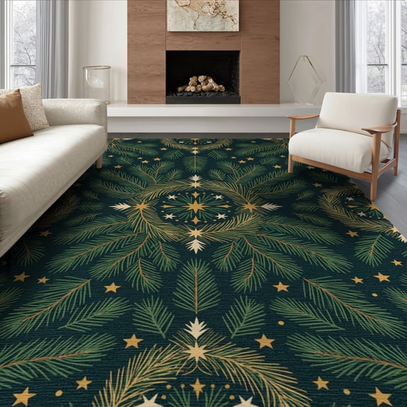 ODIKA 6'x9' Washable Area Rug Leaves With Pine Wreath And Festive Star Accents Boho Christmas Refined for Queen Size Bedroom, Under Bed, Master Suite, Easy Care, Non-Shedding