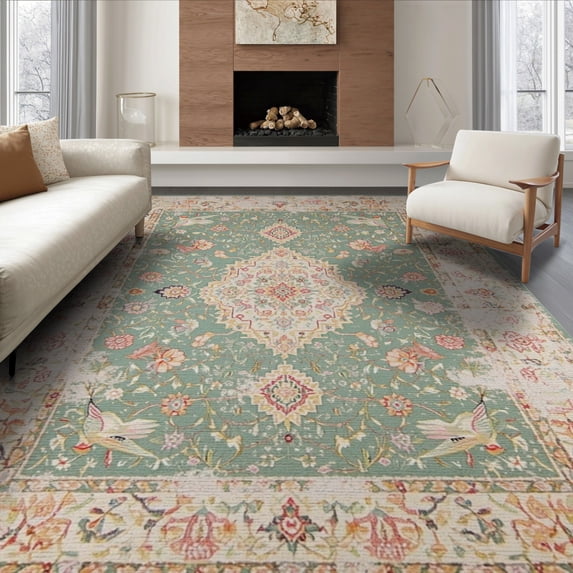 ODIKA 6'x9' Washable Area Rug Long Sage Vintage Bird Distressed Scroll Flourishes Bathroom for Family Room, Living Room, Master Bedroom, Non-Slip, Easy Care