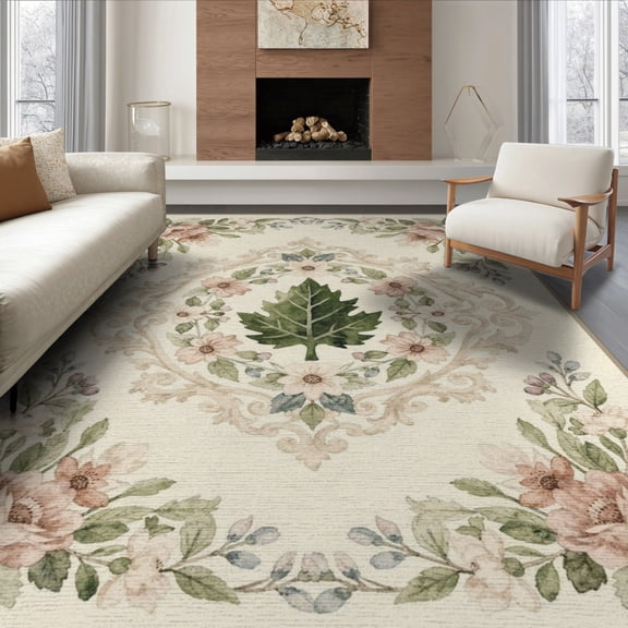 ODIKA 6'x9' Washable Area Rug Long Watercolor Forest Vintage Scroll Border Hardwood Farmhouse Flowing Dynamic for Queen Size Bedroom, Under Bed, Master Suite, Easy Care, Non-Shedding