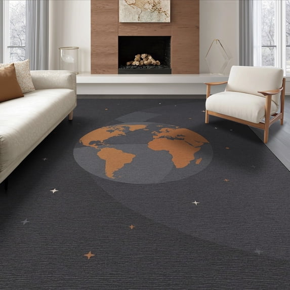 ODIKA 6'x9' Washable Area Rug Map Abstract Galaxy Composition Planetary Circles Continents Round Flowing for Dining Room, Under Table, Office Décor, Non-Slip Chair-Friendly