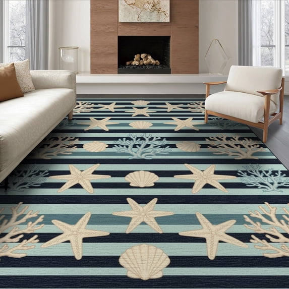 ODIKA 6'x9' Washable Area Rug Marine Starfish Seashell Coral Nautical Motifs Reef Border Striped Flowing for Family Room, Living Mater Bedroom, Non-Slip, Easy Care