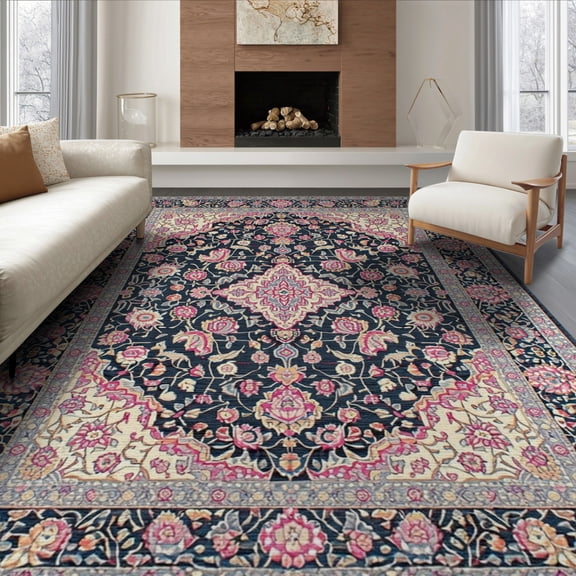 ODIKA 6'x9' Washable Area Rug Mauve Boho Damask Vintage Interlocking Scroll Border Trellis for Family Room, Living Room, Master Bedroom, Non-Slip, Easy Care