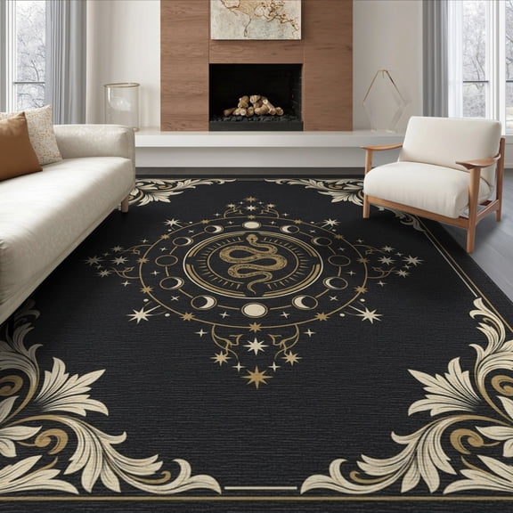 ODIKA 6'x9' Washable Area Rug Medallion With Vintage Moon Phase Border Snake Gothic Celestial Playful for Family Room, Living Room, Master Bedroom, Non-Slip, Easy Care