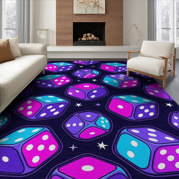 ODIKA 6'x9' Washable Area Rug Men Dice Graphic Aesthetic Cartoon Funky Motif Mens Anime Alt Refined Structured for Family Room, Living Mater Bedroom, Non-Slip, Easy Care